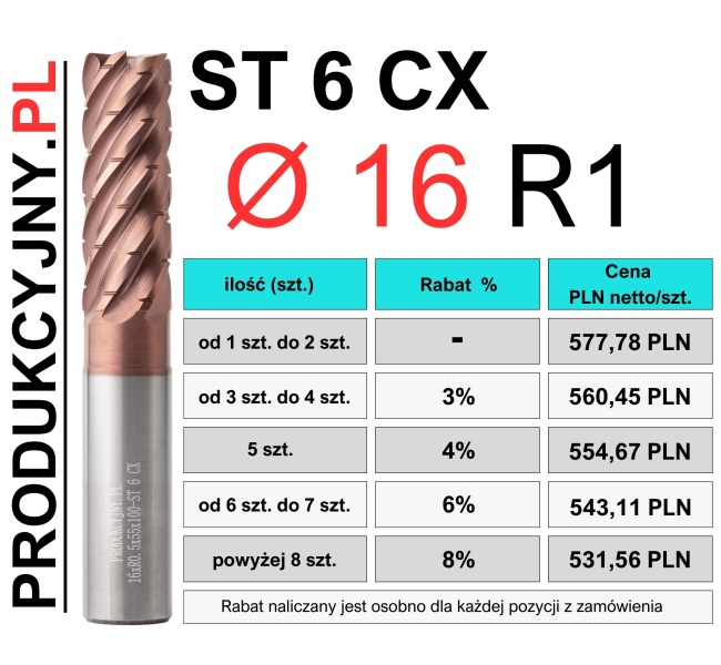 Frez trochoidalny fi 16 R1 ST 6 CX z łamaczem wióra